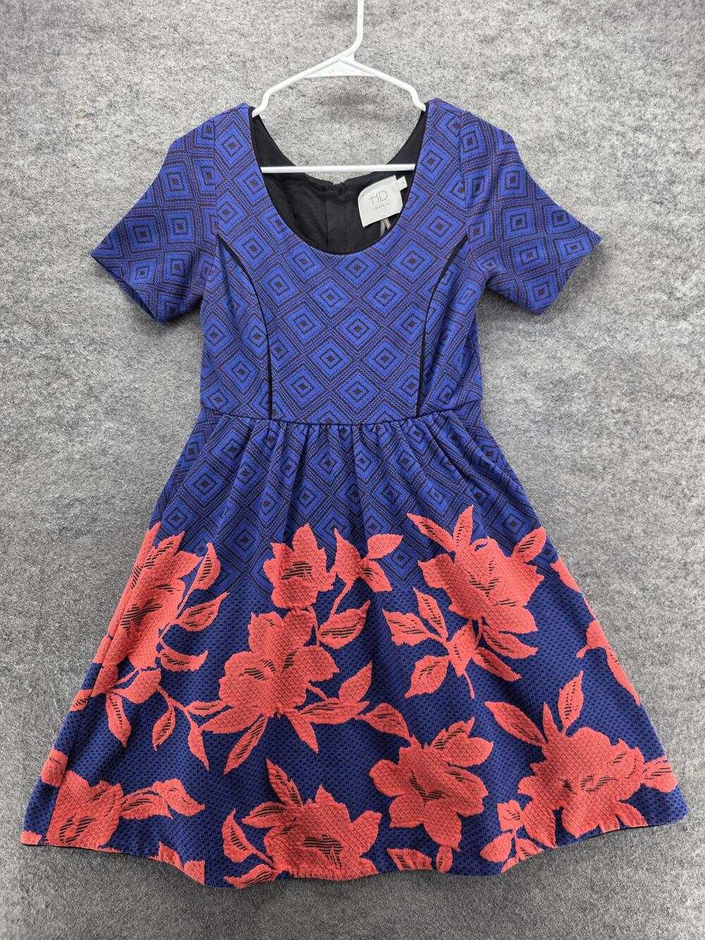 HD in Paris Dress Womens XS Petite Blue Red Floral Geometric Fit & Flare A-Line